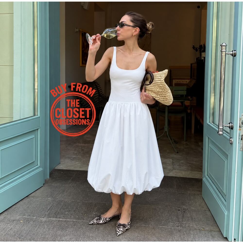 ZARA White Balloon Midi Dress NWT Knit Bodice Cotton Poplin Skirt M - Picture 2 of 16